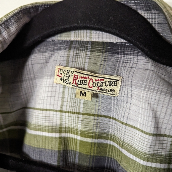 Lucky 13 zombie tiki button up shirt plaid green rockabilly retro pin up M L - Picture 3 of 12